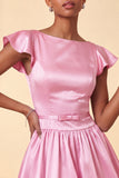 Robe courte de retour à la maison de fin d’année en satin en satin décolleté bleu ciel avec manches bonnets