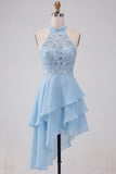 Robe courte de rentrée à la maison à étages bleu ciel bleu ciel asymétrique avec paillettes