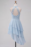 Robe courte de rentrée à la maison à étages bleu ciel bleu ciel asymétrique avec paillettes