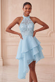 Robe courte de rentrée à la maison à étages bleu ciel bleu ciel asymétrique avec paillettes