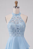 Robe courte de rentrée à la maison à étages bleu ciel bleu ciel asymétrique avec paillettes