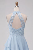 Robe courte de rentrée à la maison à étages bleu ciel bleu ciel asymétrique avec paillettes