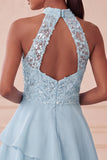 Robe courte de rentrée à la maison à étages bleu ciel bleu ciel asymétrique avec paillettes