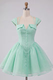 Robe courte de fin d’année vert menthe ligne A simple boutonné avec manches courtes