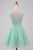 Robe courte de fin d’année vert menthe ligne A simple boutonné avec manches courtes