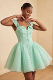 Robe courte de fin d’année vert menthe ligne A simple boutonné avec manches courtes