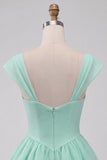 Robe courte de fin d’année vert menthe ligne A simple boutonné avec manches courtes