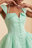Robe courte de fin d’année vert menthe ligne A simple boutonné avec manches courtes