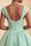 Robe courte de fin d’année vert menthe ligne A simple boutonné avec manches courtes