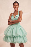 Robe courte de fin d’année rose à col nu à volants en ligne A