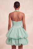 Robe courte de fin d’année rose à col nu à volants en ligne A