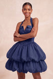 Robe courte de fin d’année rose à col nu à volants en ligne A
