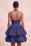 Robe courte de fin d’année rose à col nu à volants en ligne A