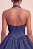 Robe courte de fin d’année rose à col nu à volants en ligne A