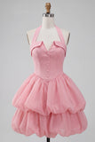 Robe courte de fin d’année rose à col nu à volants en ligne A