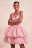 Robe courte de fin d’année rose à col nu à volants en ligne A