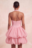Robe courte de fin d’année rose à col nu à volants en ligne A