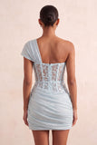 Corset olive transparent à une épaule robe courte de bal à la maison avec lacet dans le dos