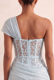 Corset olive transparent à une épaule robe courte de bal à la maison avec lacet dans le dos