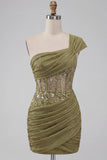 Corset olive transparent à une épaule robe courte de bal à la maison avec lacet dans le dos