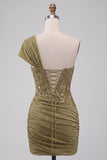 Corset olive transparent à une épaule robe courte de bal à la maison avec lacet dans le dos