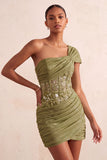 Corset olive transparent à une épaule robe courte de bal à la maison avec lacet dans le dos