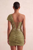 Corset olive transparent à une épaule robe courte de bal à la maison avec lacet dans le dos