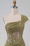Corset olive transparent à une épaule robe courte de bal à la maison avec lacet dans le dos