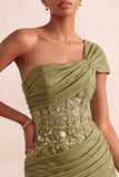 Corset olive transparent à une épaule robe courte de bal à la maison avec lacet dans le dos