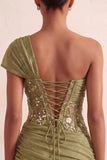 Corset olive transparent à une épaule robe courte de bal à la maison avec lacet dans le dos