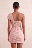 Corset olive transparent à une épaule robe courte de bal à la maison avec lacet dans le dos