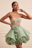 Corset Dusty Sage Strapless Strapless Aline Lacet dans le dos Sequins Robe courte de rentrée à la maison avec fleurs 3D