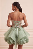 Corset Dusty Sage Strapless Strapless Aline Lacet dans le dos Sequins Robe courte de rentrée à la maison avec fleurs 3D