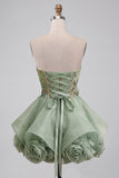 Corset Dusty Sage Strapless Strapless Aline Lacet dans le dos Sequins Robe courte de rentrée à la maison avec fleurs 3D