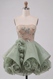 Corset Dusty Sage Strapless Strapless Aline Lacet dans le dos Sequins Robe courte de rentrée à la maison avec fleurs 3D