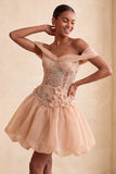 Robe de fin d’année rose à épaules décollées corset rose à ourlet bulle avec dentelle dans le dos