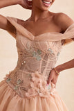 Robe de fin d’année rose à épaules décollées corset rose à ourlet bulle avec dentelle dans le dos