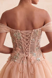 Robe de fin d’année rose à épaules décollées corset rose à ourlet bulle avec dentelle dans le dos