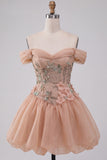 Robe de fin d’année rose à épaules décollées corset rose à ourlet bulle avec dentelle dans le dos