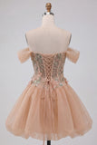 Robe de fin d’année rose à épaules décollées corset rose à ourlet bulle avec dentelle dans le dos