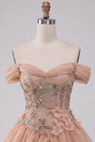 Robe de fin d’année rose à épaules décollées corset rose à ourlet bulle avec dentelle dans le dos