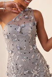 Robe courte de rentrée à la maison avec des dents grises à une épaule avec des paillettes