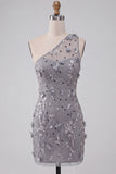 Robe courte de rentrée à la maison avec des dents grises à une épaule avec des paillettes