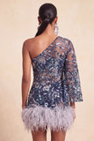 Robe de bal bleu marine à paillettes perlées à une épaule avec plumes