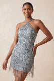 Robe courte de rentrée à la rentrée à la maison à col hez-nu, grise à perles florales, avec franges