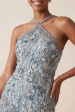 Robe courte de rentrée à la rentrée à la maison à col hez-nu, grise à perles florales, avec franges