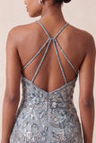 Robe courte de rentrée à la rentrée à la maison à col hez-nu, grise à perles florales, avec franges