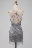 Robe courte de rentrée à la rentrée à la maison à col hez-nu, grise à perles florales, avec franges