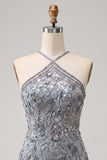 Robe courte de rentrée à la rentrée à la maison à col hez-nu, grise à perles florales, avec franges