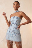 Robe courte de rentrée bleue body-moulante à sequins floraux avec franges